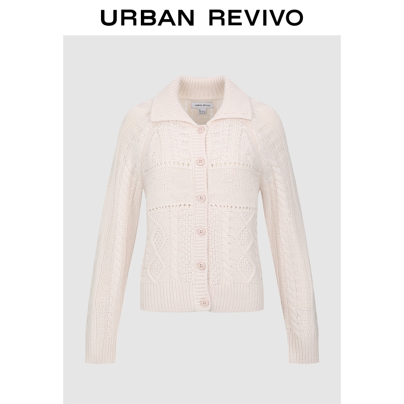 UR2026春季新款女装休闲甜美绞花翻领针织开衫UYL960003