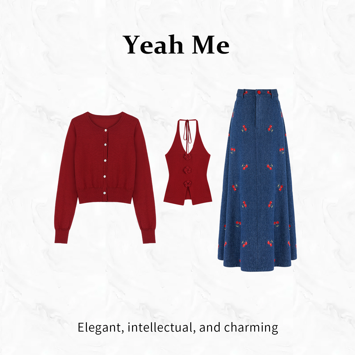 Yeah Me/也觅【樱桃玫瑰】秋季新款高级感气质穿搭显瘦半身裙套装女