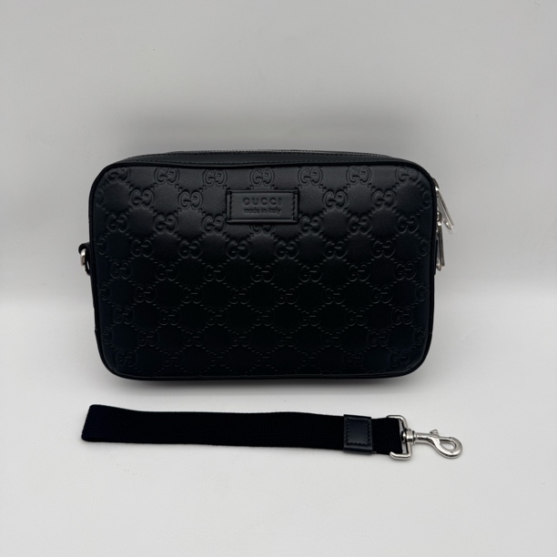 99新 GUCCI/古驰 黑色压花全皮手拿包/男士黑银2920