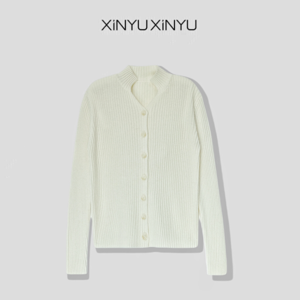 XINYU/芯与『小心机2.0』100绵羊毛坑条针织羊毛开衫 448115 气质