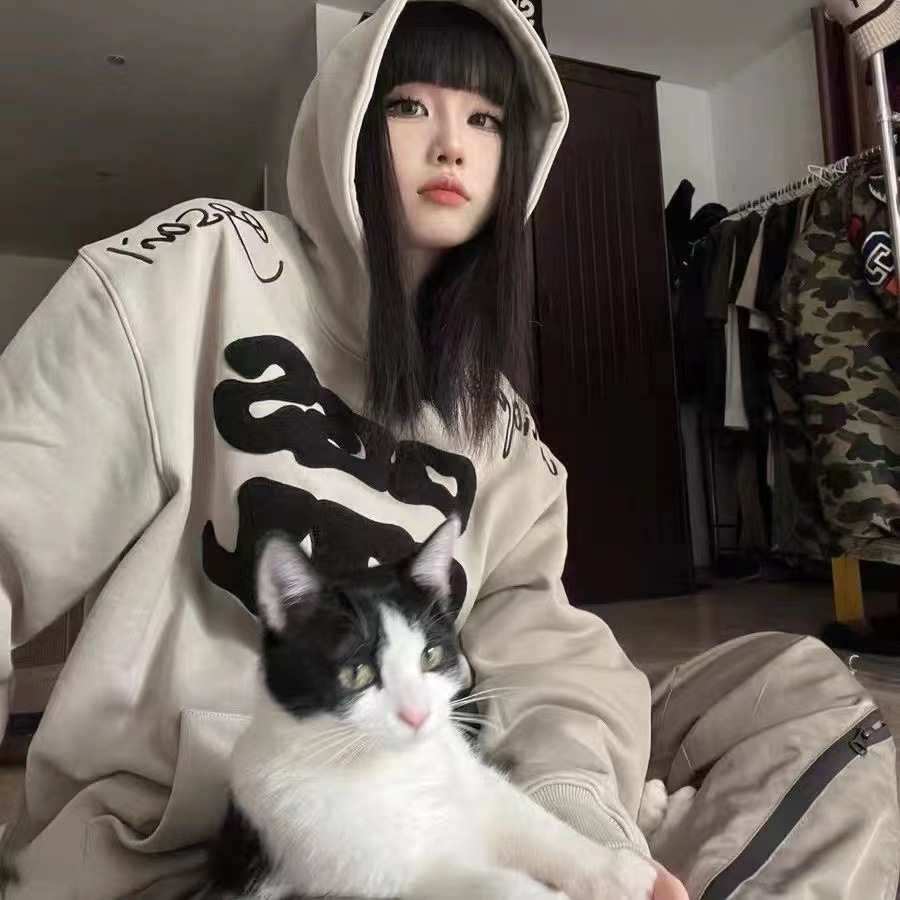 华棉美式高街小众刺绣字母oversize宽松长袖连帽加绒卫衣女情侣