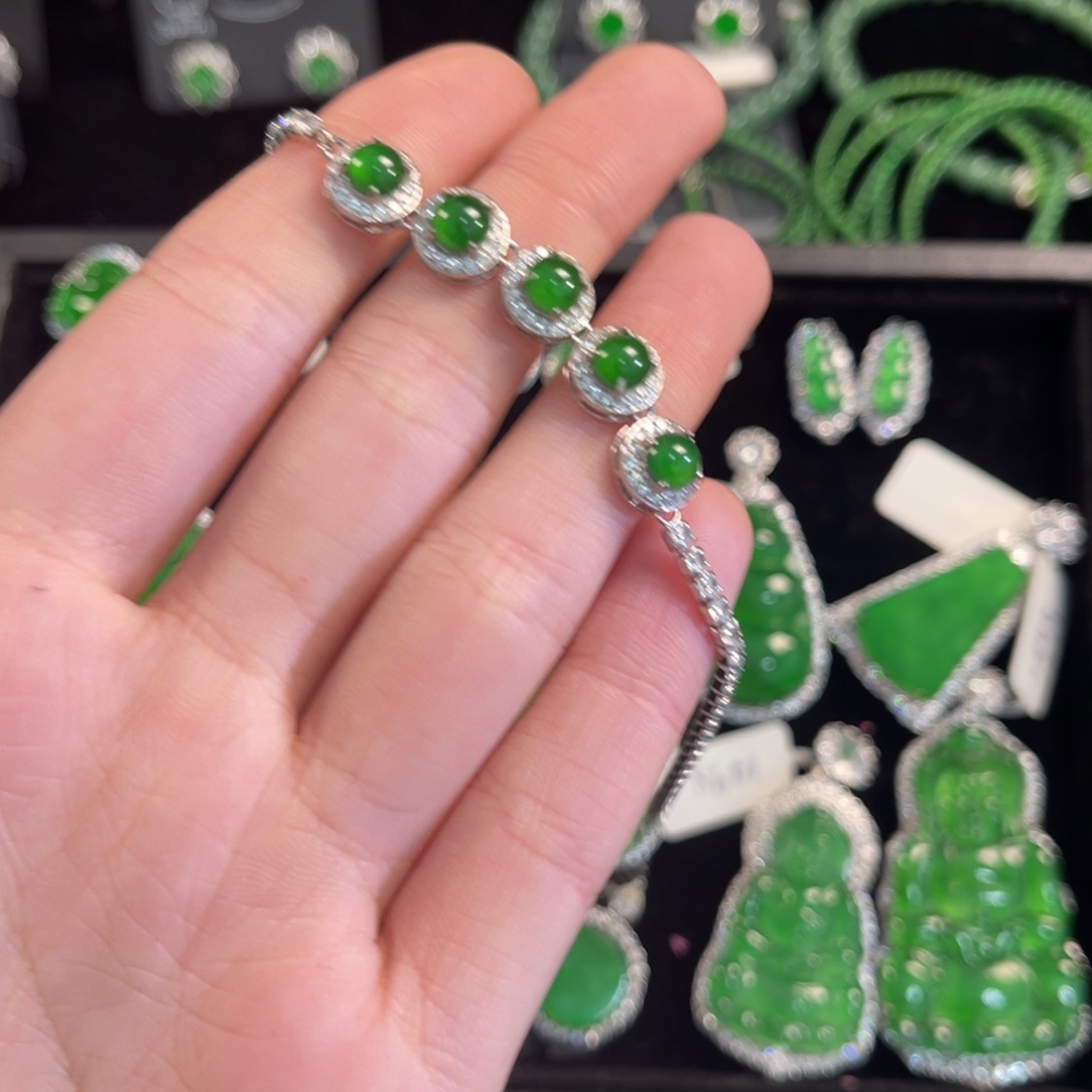 a***g翡翠银S925镶嵌戒指蛋面手链