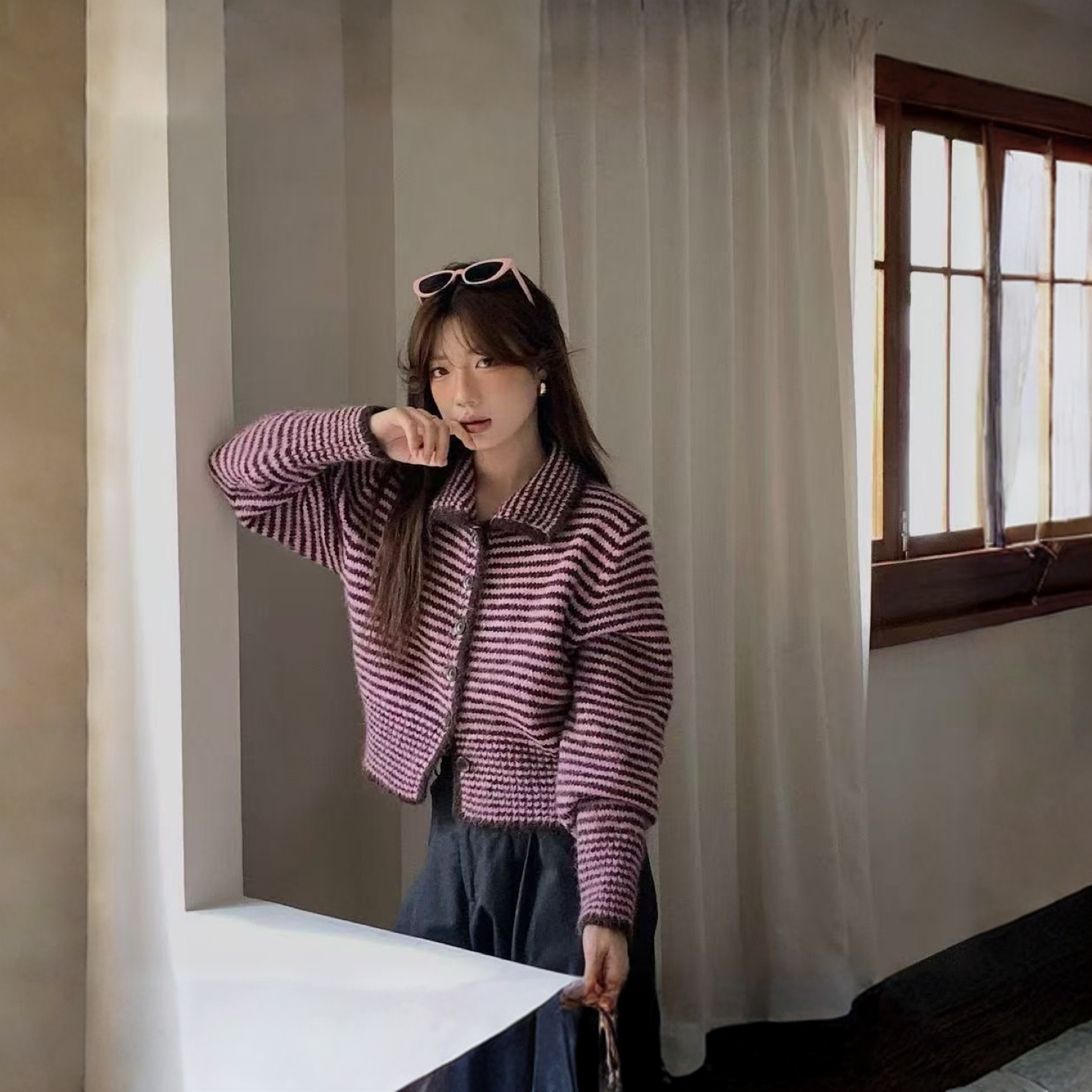 条纹翻领女显瘦针织立领毛针织衫开衫时尚秋冬洋气