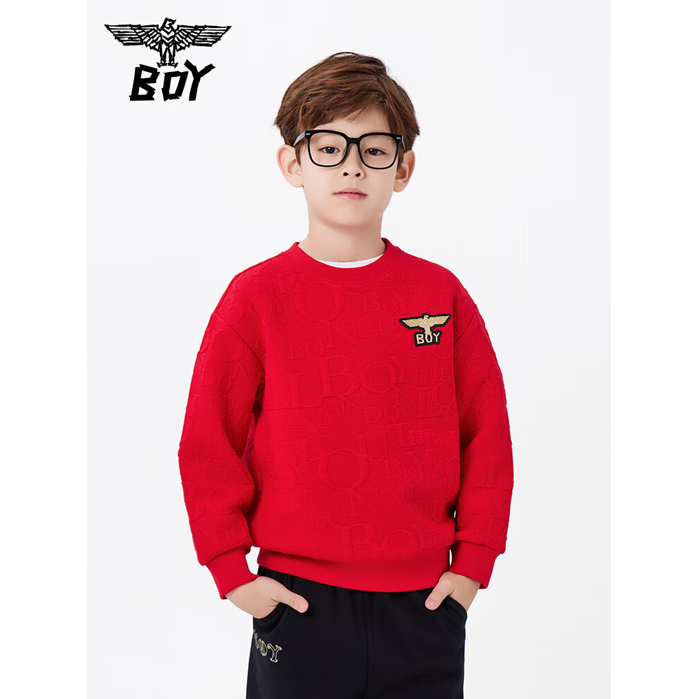 BOY JUNIOR潮牌童装秋冬针织圆领卫衣暗纹提花宽松休闲卫衣男童女