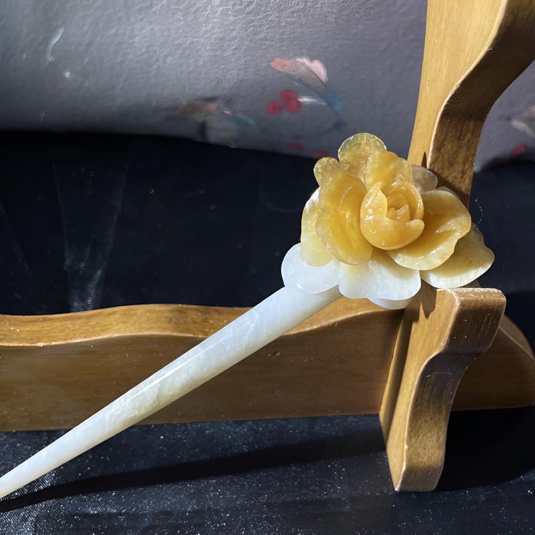 岫玉发簪茶花玉簪新中式古风发簪子简约气质盘发头饰百搭日常发簪
