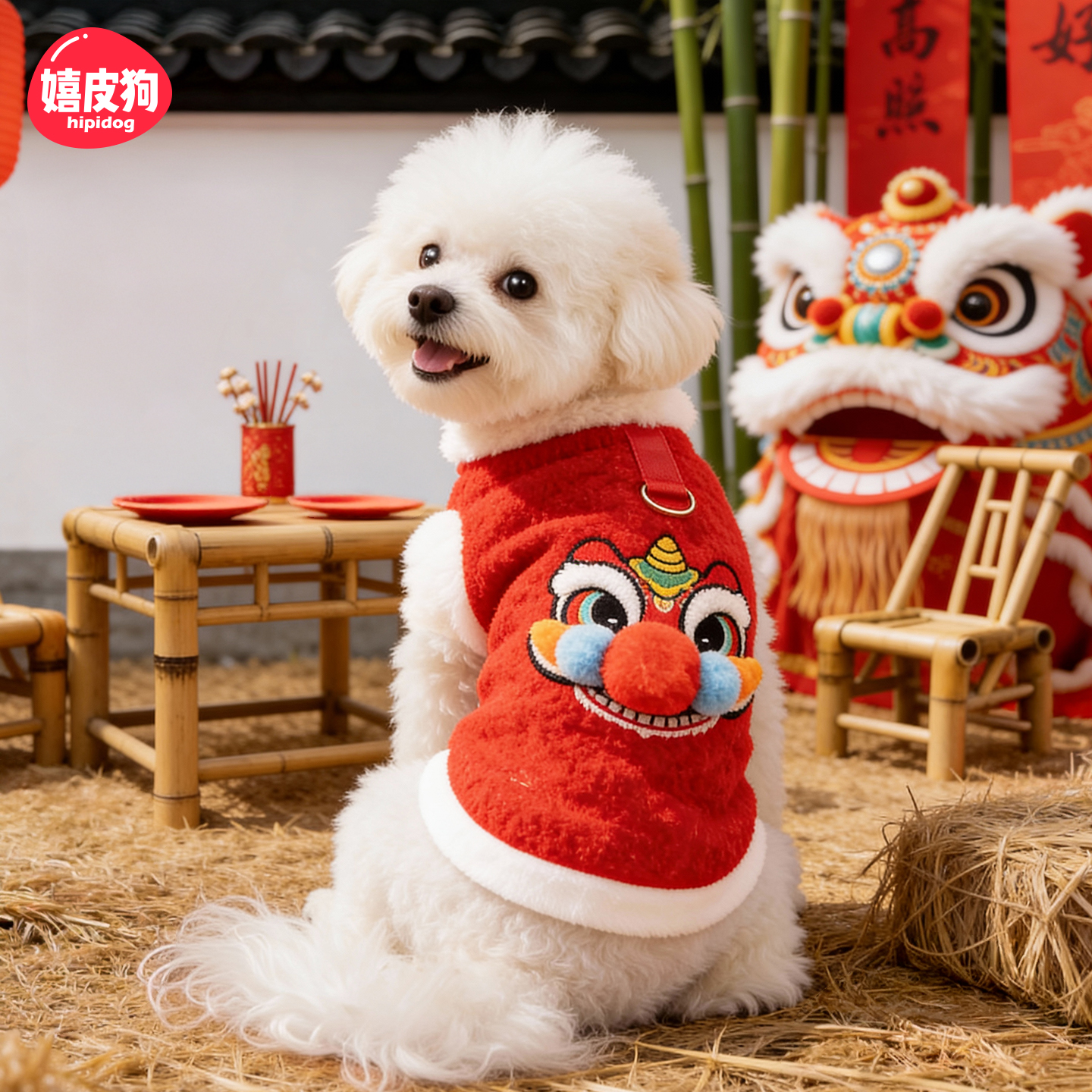 嬉皮狗狗衣服牵引新年马甲冬季保暖泰迪比熊小型犬过年狗衣服0655