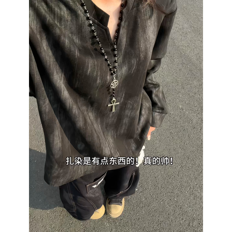 muxiaofei/慕小菲美式街头扎染V领长袖T恤高级感复古情侣套头卫衣