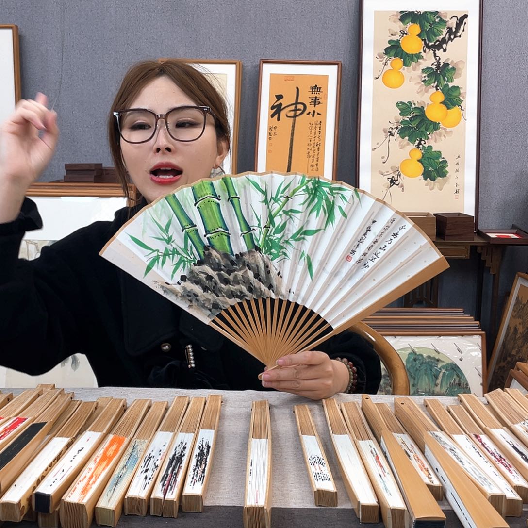 国画95寸玉竹-纯手绘-文玩扇骨（默认粘好）