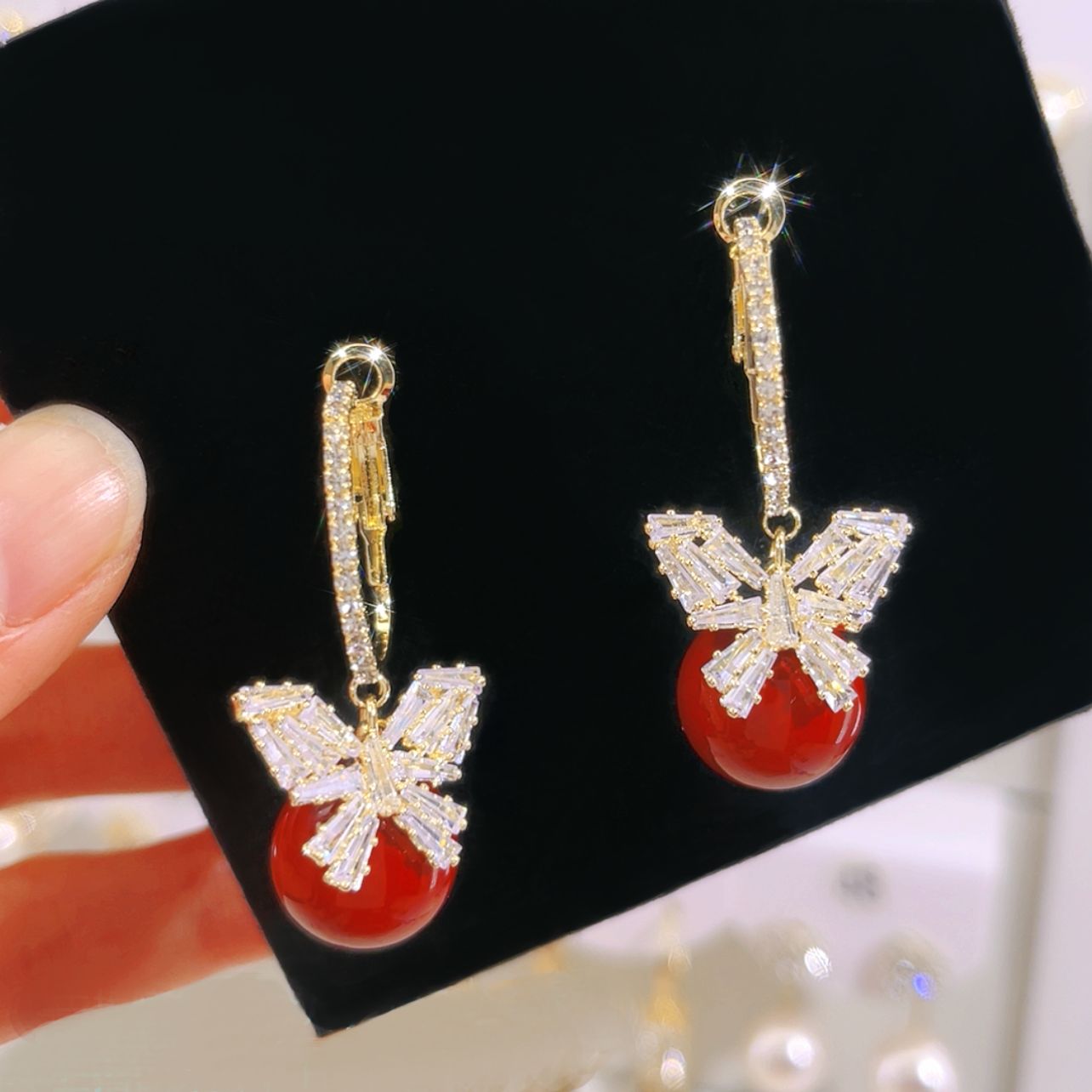 铜合金合成锆石耳饰 法式轻奢蝴蝶耳环高级感大气W72耳坠甜美气质