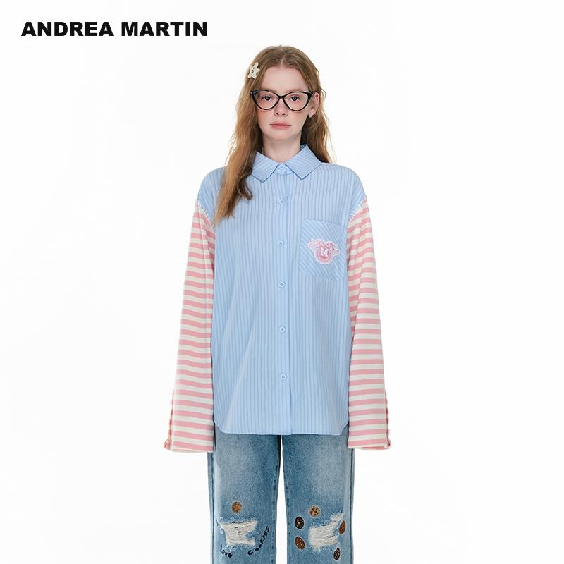 Andrea Martin2025春季新款衬衫女撞色拼接衬衫长袖条纹宽松上衣