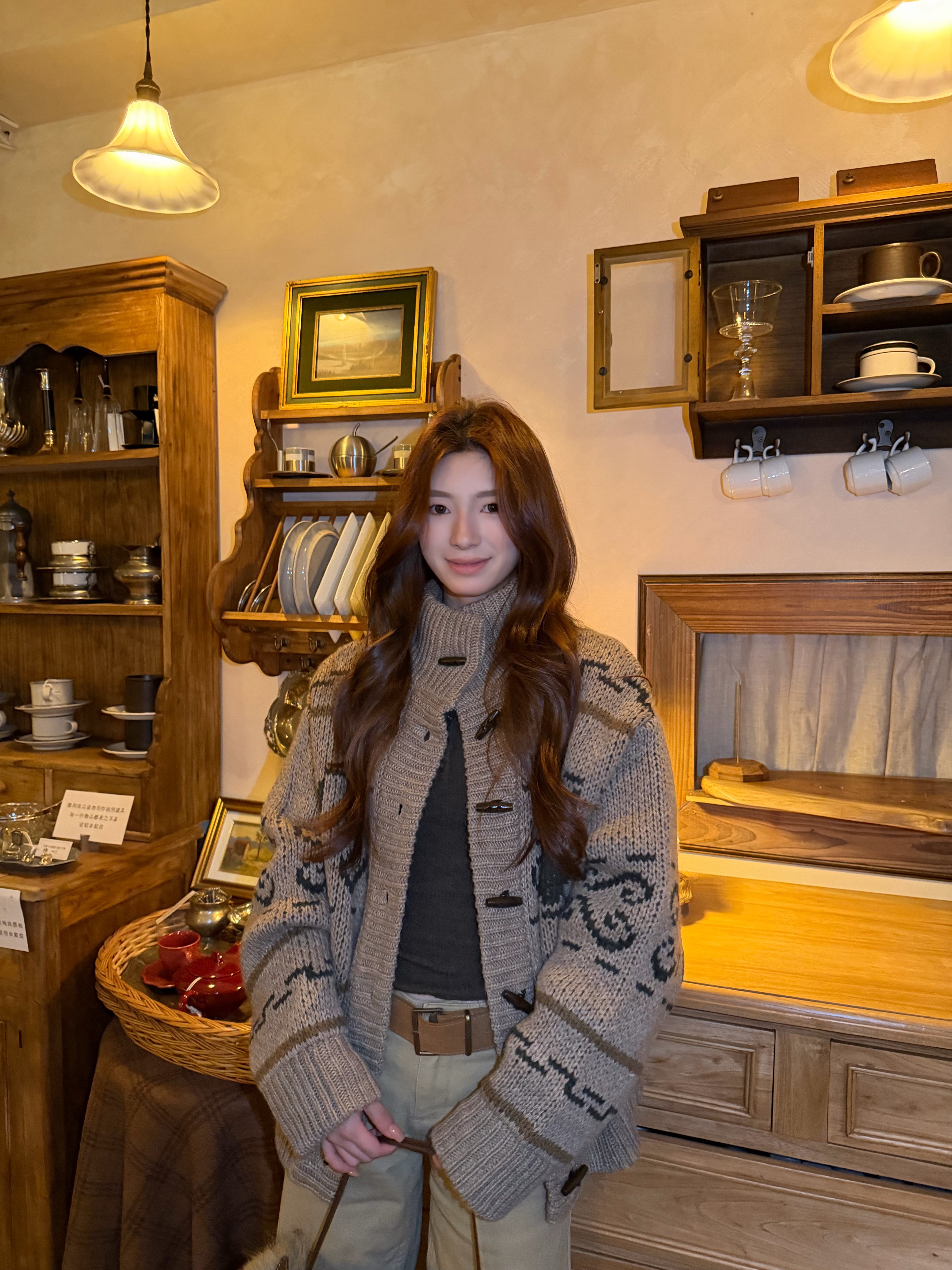 林小野‘小猫日记‘羊角扣提花毛衣立领加厚宽松针织外套