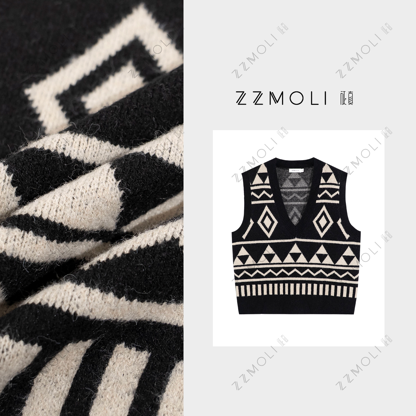 ZzMoLi征真 2.0版暖炉菱格慵懒宽松马甲女款复古针织背心ZBY78119