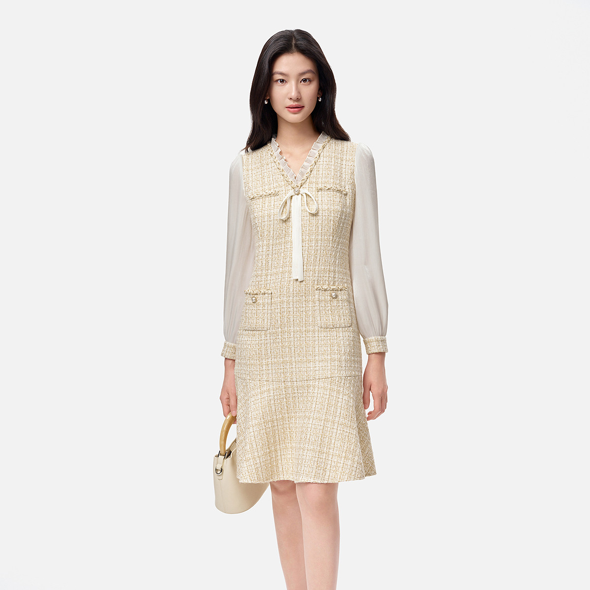 【羊羊专属】珂莱蒂尔绵羊毛假两件小香风连衣裙气质鱼尾裙女