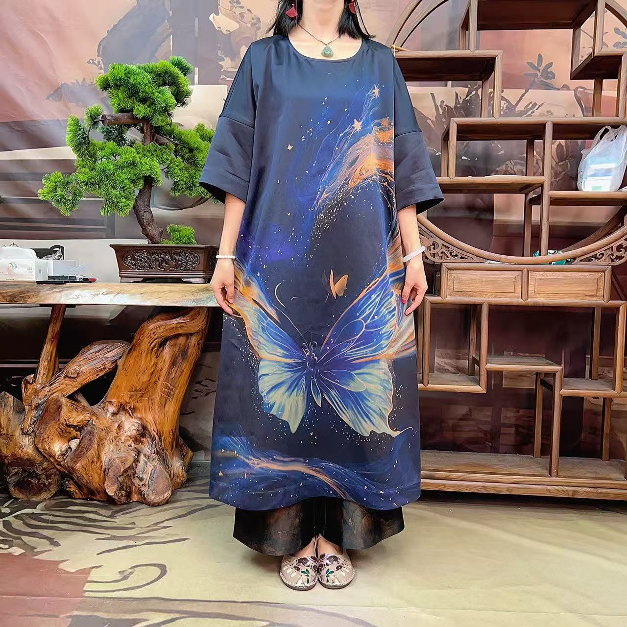 60姆米重锻紫罗兰蝶恋花连衣裙100桑蚕丝款香云纱