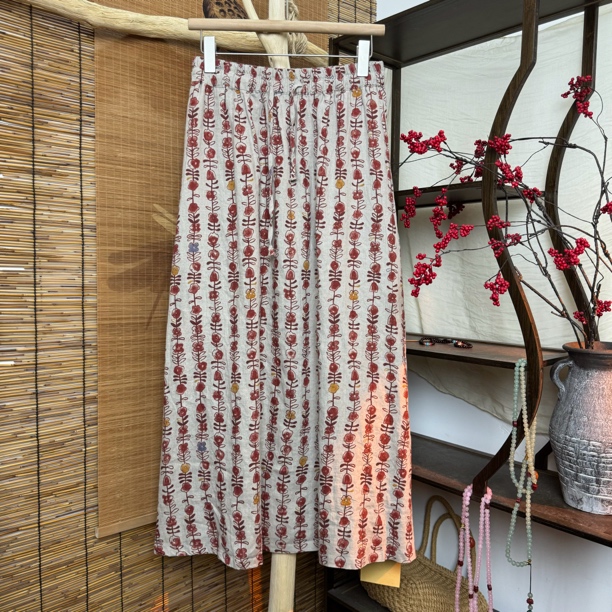 ［淇淇推荐］复古亚麻印花高腰文艺风A字半身裙（裙长87