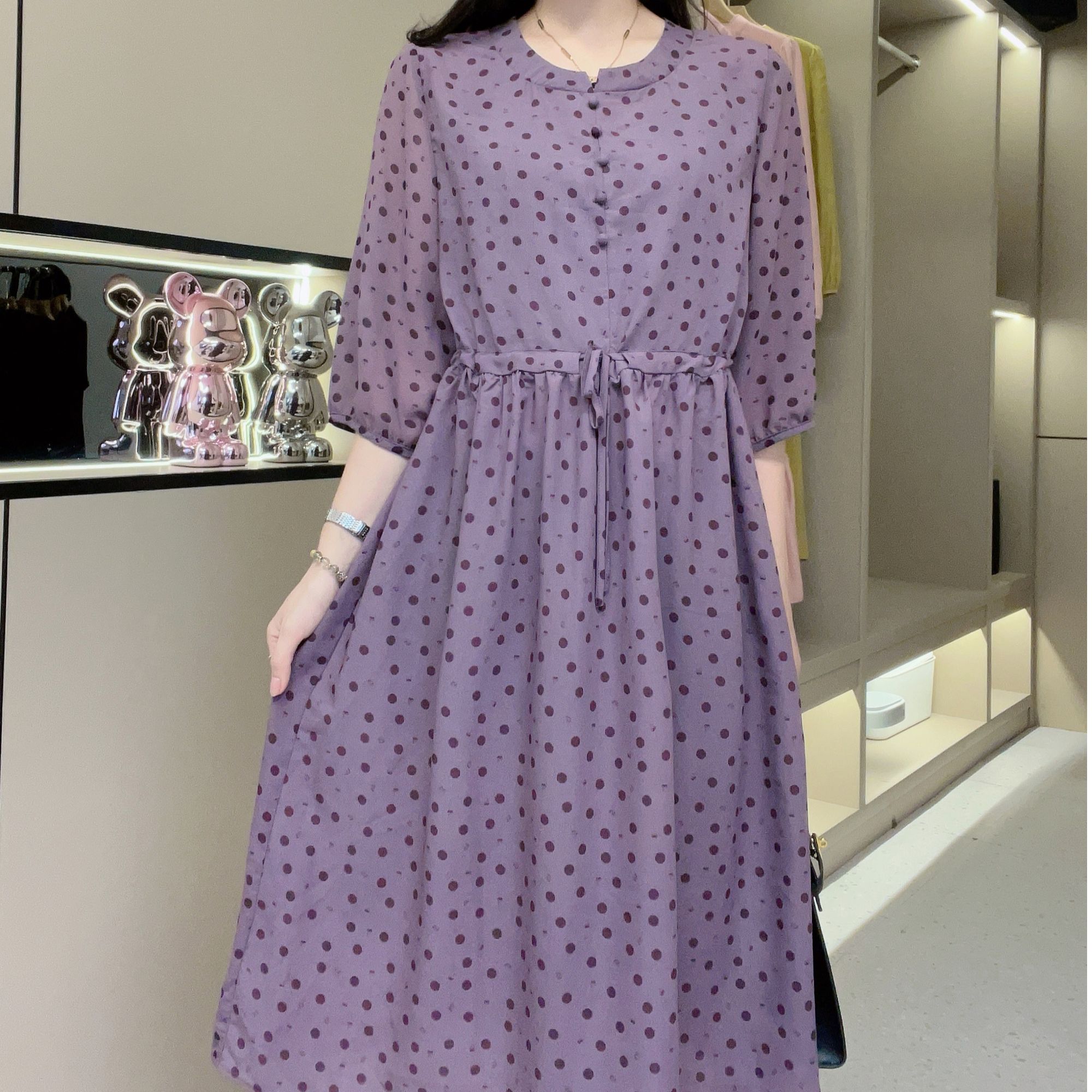 2025新款紫色波点连衣裙显瘦气质中年妈妈装Q24BL1755