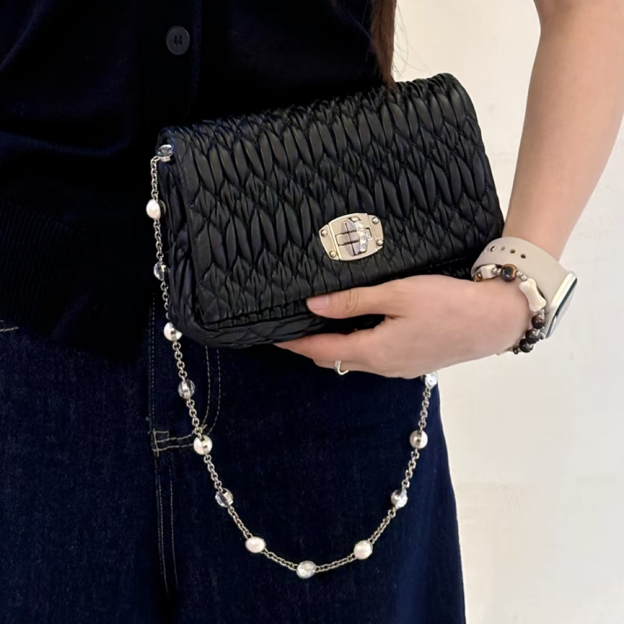 95新 MIU MIU/缪缪 新款黑色小号宝石包斜挎包