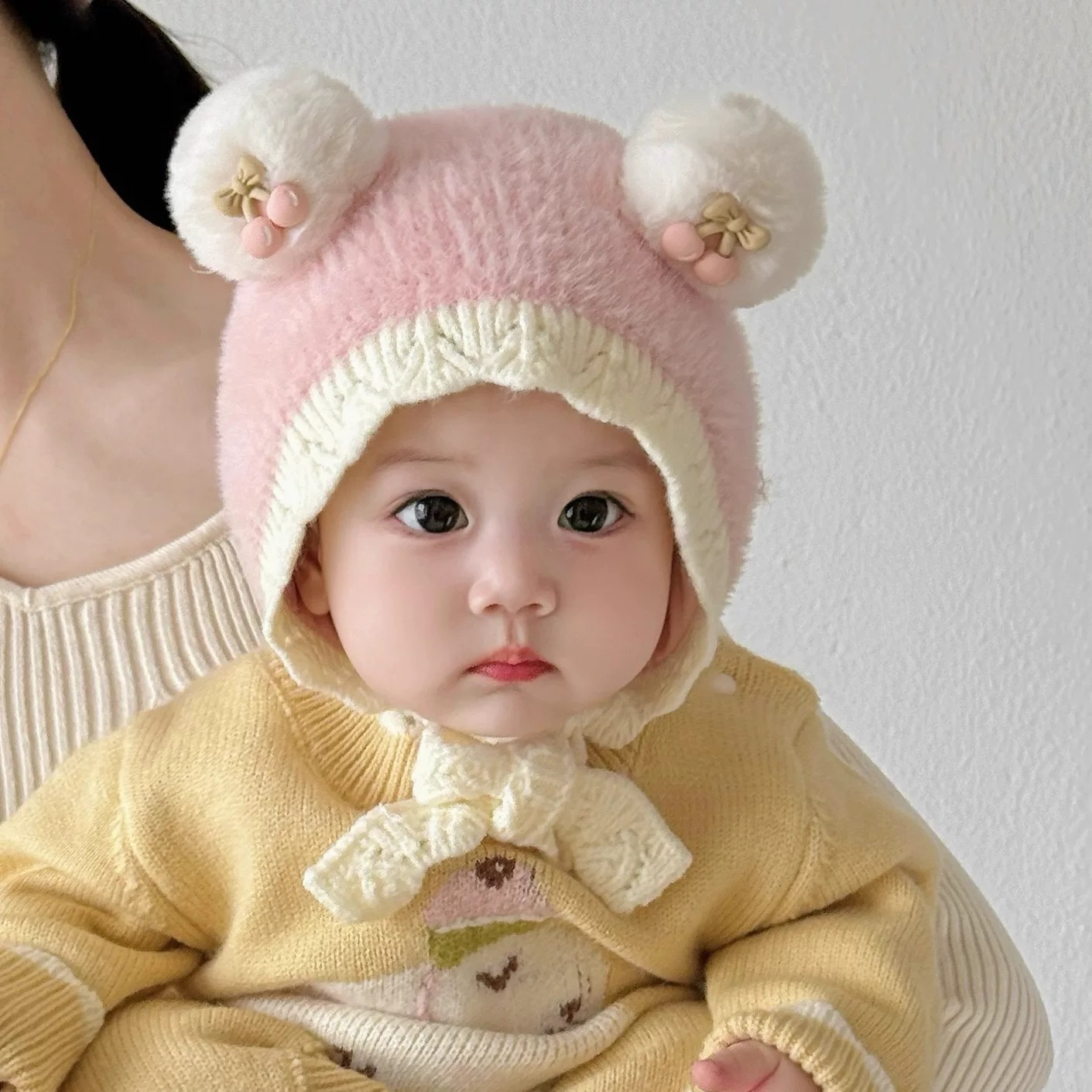 婴儿帽子秋冬季女宝宝保暖护耳帽针织可爱小月龄女童公主厚毛绒帽