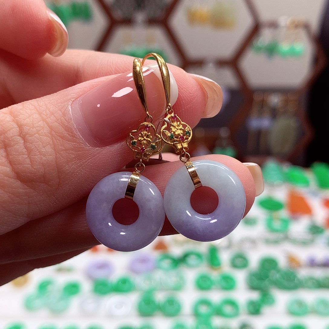 翡翠耳饰18K金镶嵌天然翡翠