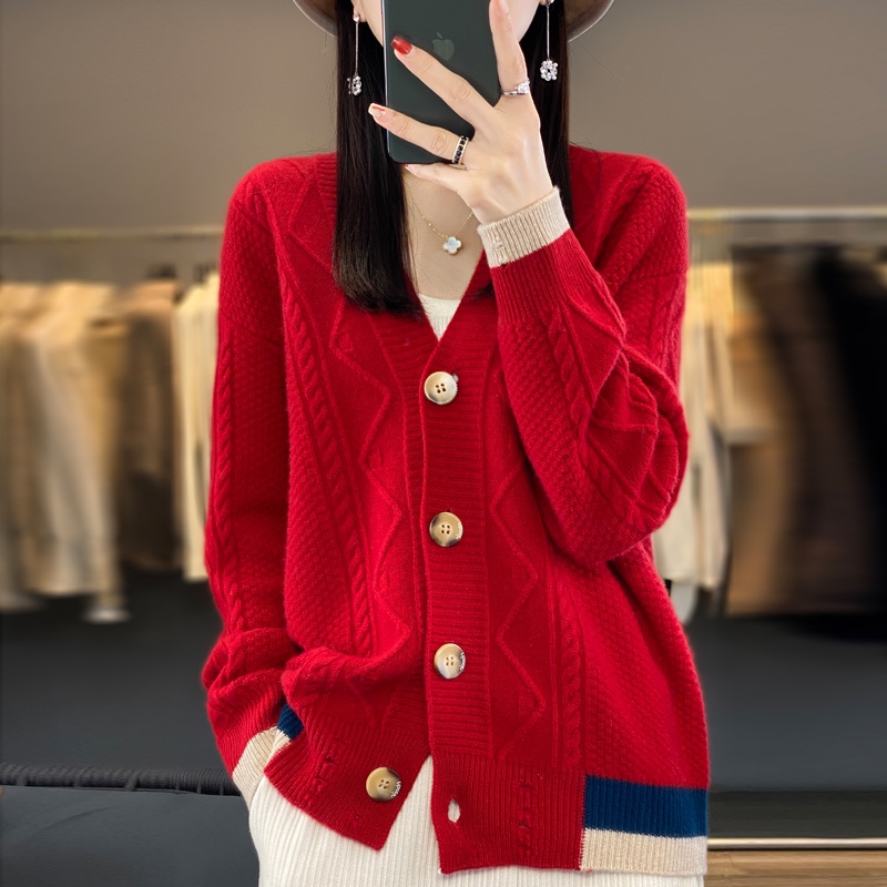 白家【100羊毛】钩花舒适款下摆破洞开衫外套上衣07-036