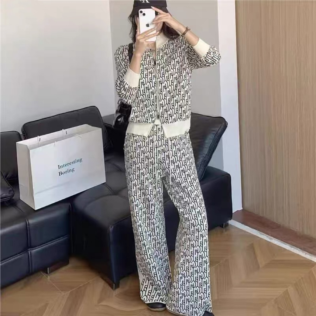 25266/25267新中式显瘦气质长袖时尚修身长款针织裤子套装