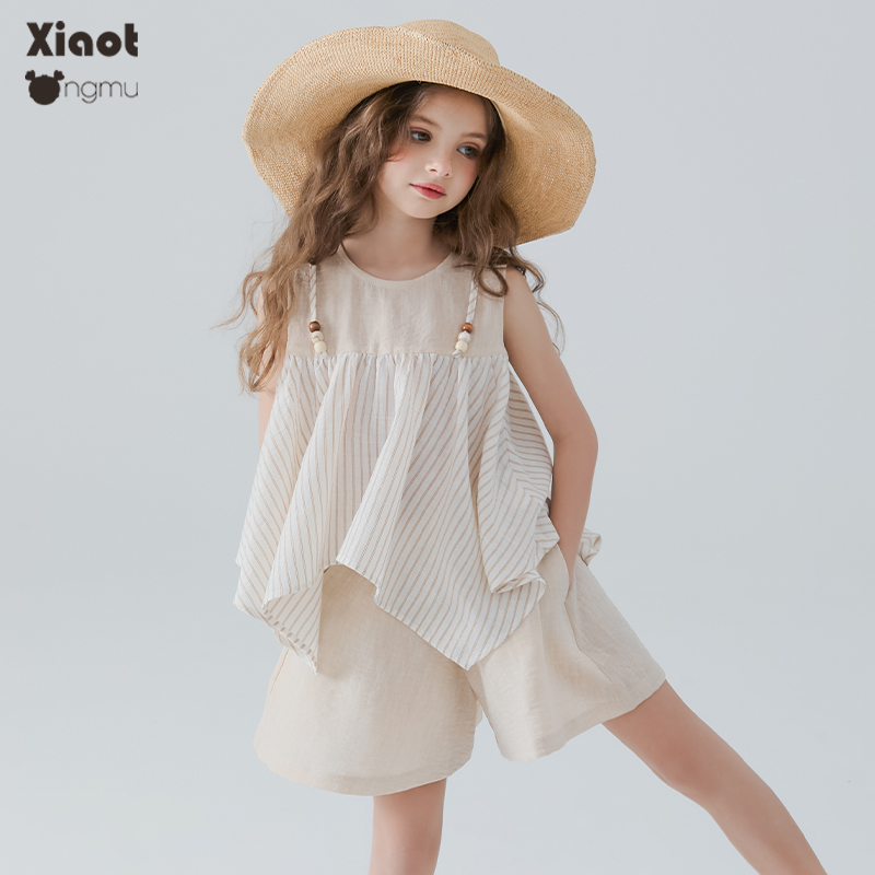 【断码特价】慵懒俏皮女童夏季套装新款中大童条纹小衫短裤两件套