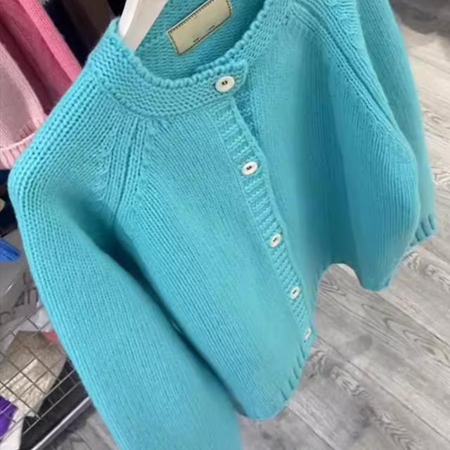 韩系湖蓝色圆领毛衣针织开衫女秋季新款软糯慵懒高级感毛衣外套