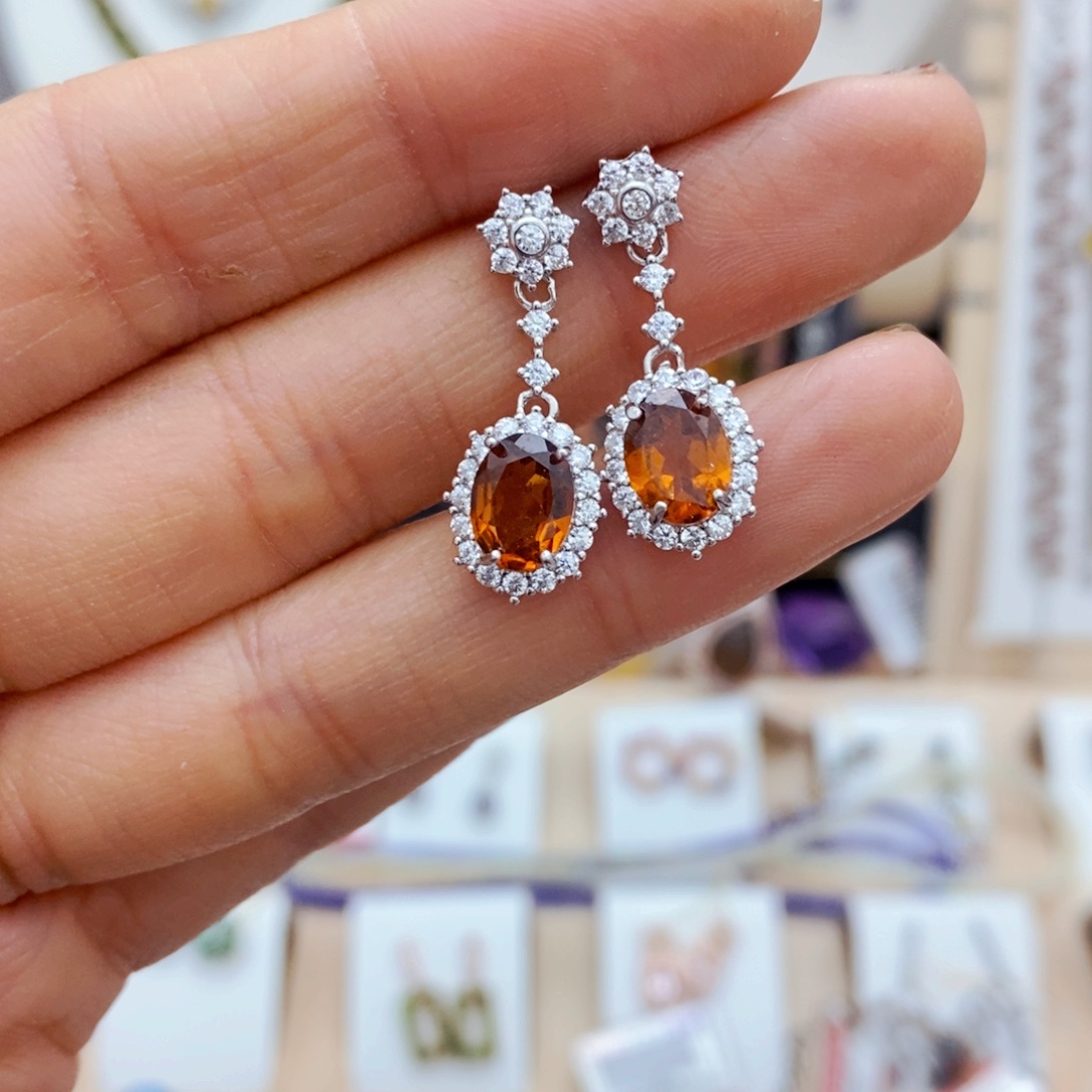 石榴石（芬达石）耳饰银S925镶嵌