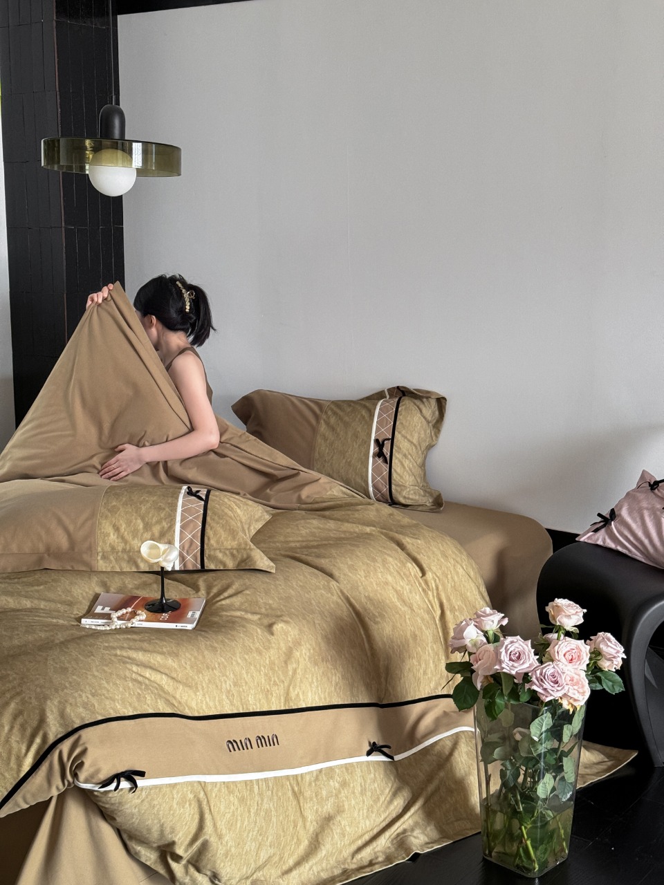 【凡哥】立体蝴蝶结绣花拼接高端四件套  戴菲-咖色