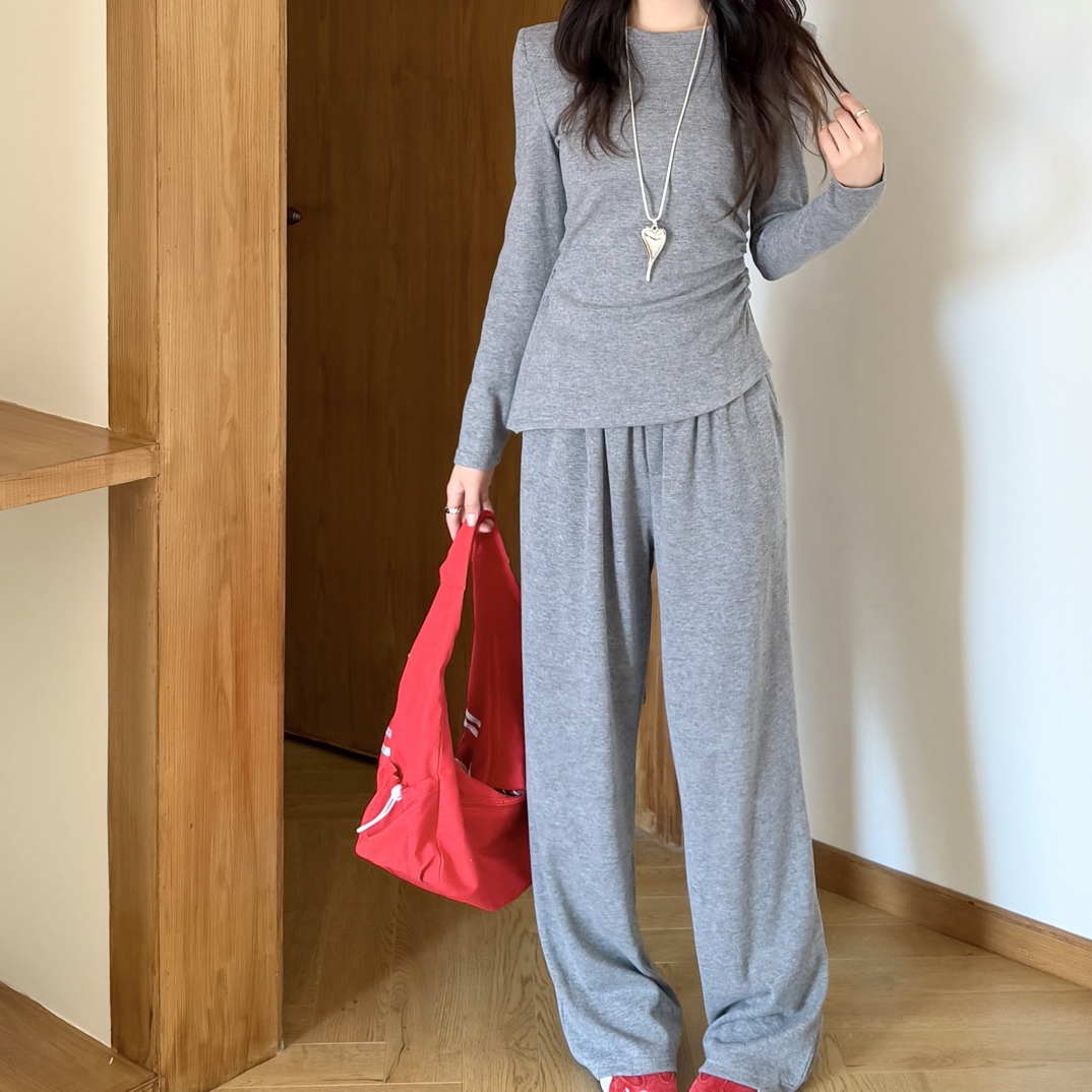 潮流时尚长袖套装女  秋季收腰上衣搭配直筒阔腿裤舒适柔软小个子