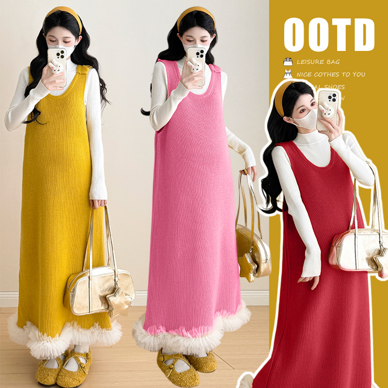 橙子家-新款时尚洋气多巴胺宽松蕾丝拼接下摆长款针织毛衣背心裙