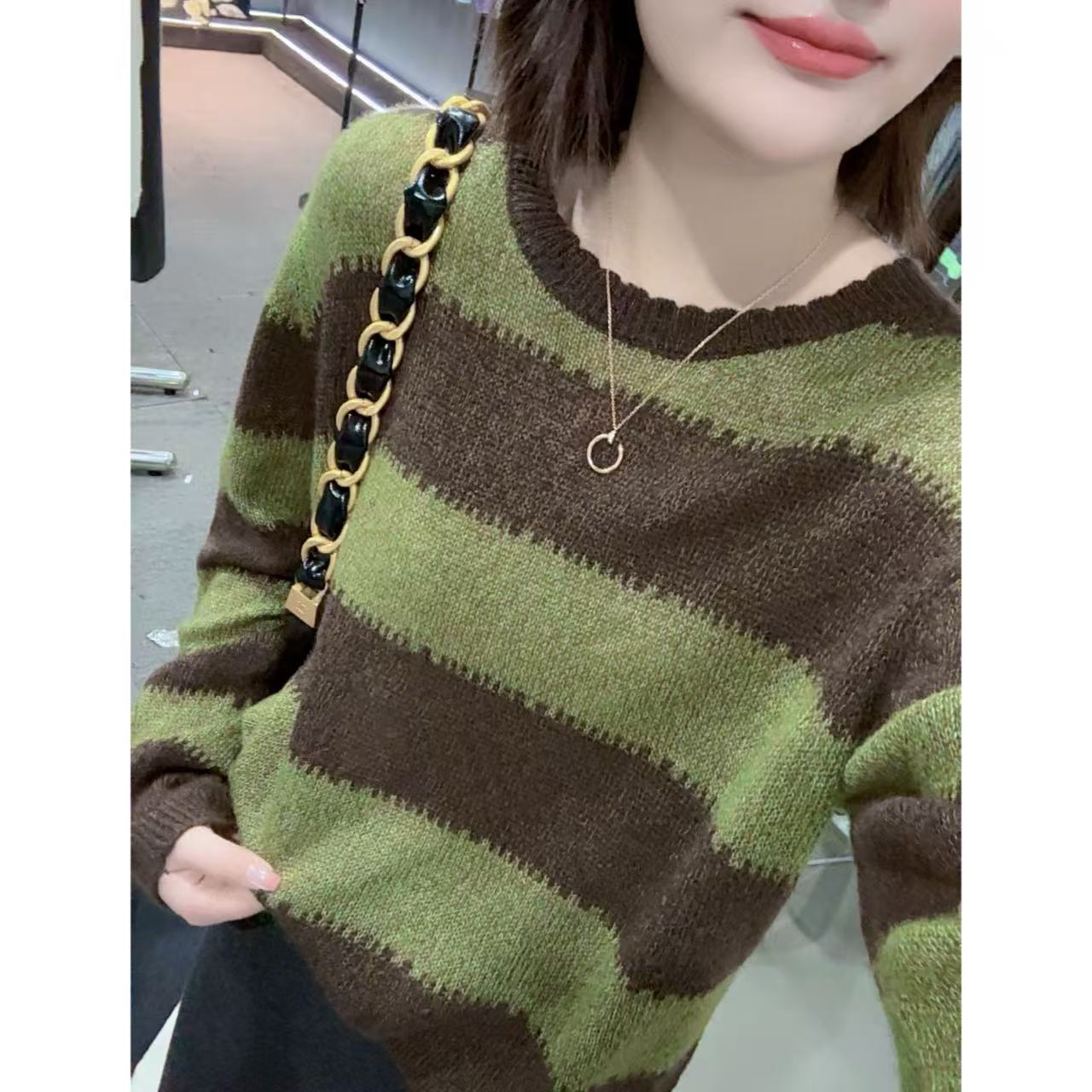 【抹茶巧克力】~撞色条纹绵羊毛针织衫毛衣女秋冬新款新