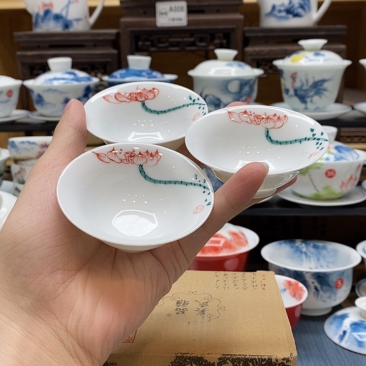 手绘雨三个装后荷花55cc釉下彩微瑕福利款