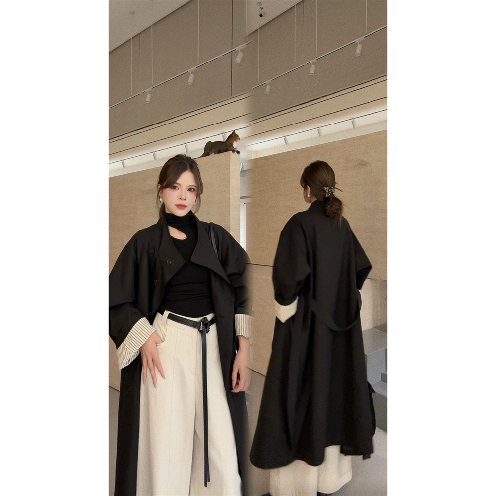 NN LIMITED≥新款自制1036 圆领系扣卷袖口条纹长款风衣