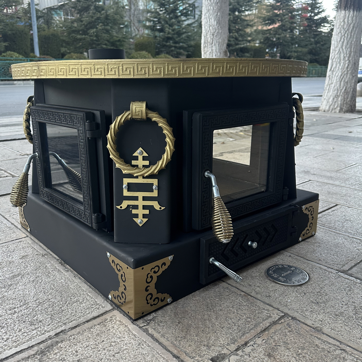 藏式火炉天圆地方三方开门有盖烧水烤烧烤取暖宽80高51