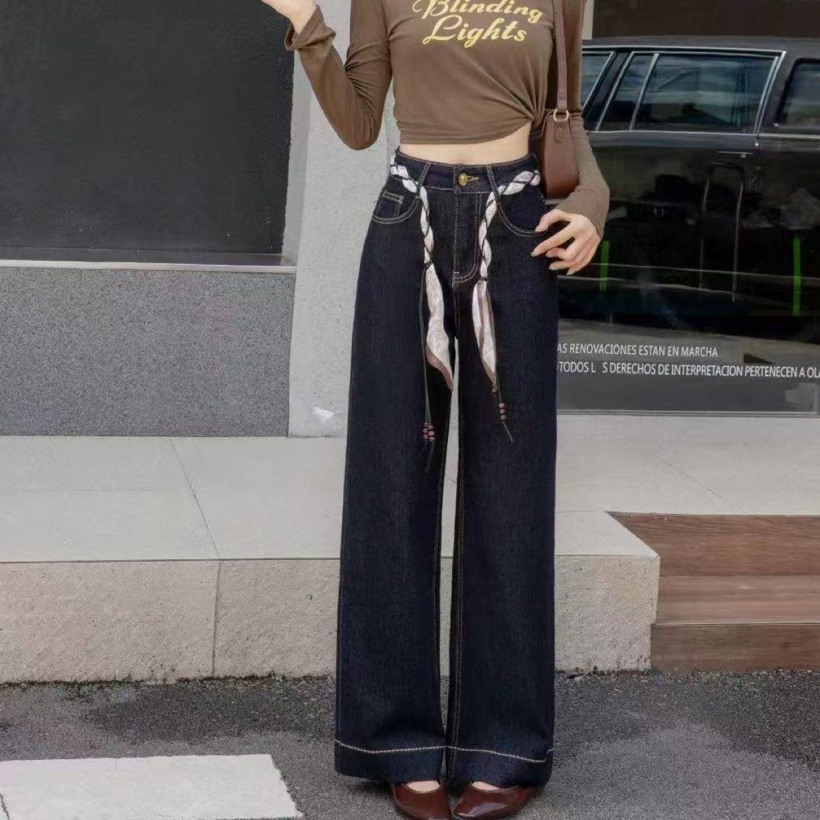 新款秋冬美式复古港风高腰显瘦直筒牛仔裤