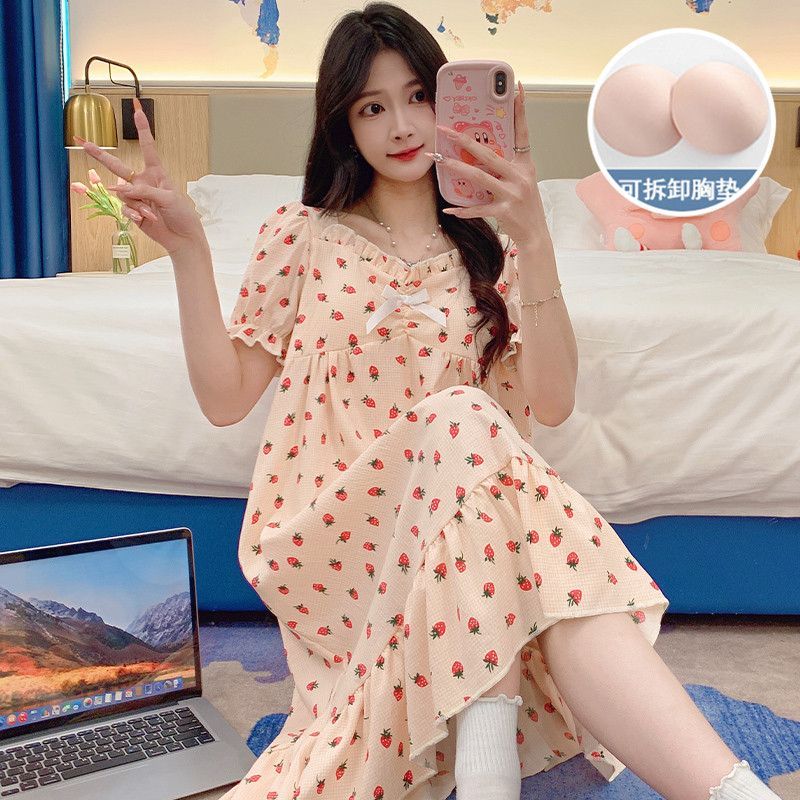 睡裙夏季新款带胸垫短袖可爱甜美宽松睡衣女公主风中长款家居服薄