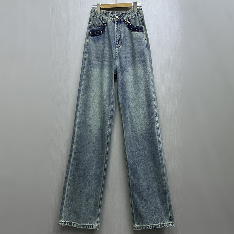 外贸原单175高个子女装新款时尚高腰宽松休闲直筒阔腿牛仔裤
