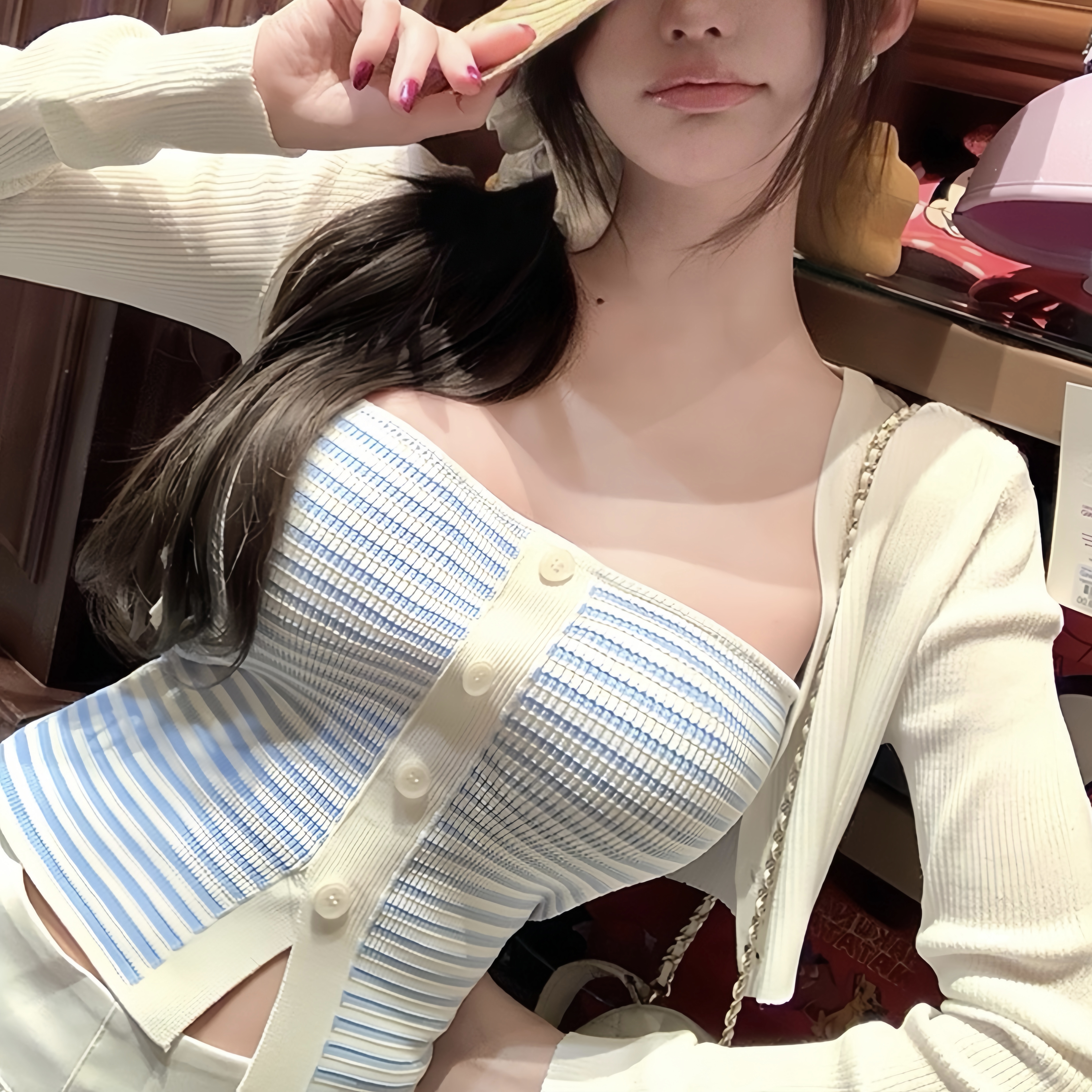 F61【白巧蓝调】小众外搭甜辣风夏季防晒百搭性感针织条纹毛针织衫