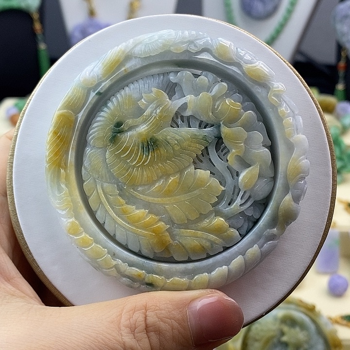 翡翠手镯未镶嵌翡翠雕刻凤穿牡丹套镯57+