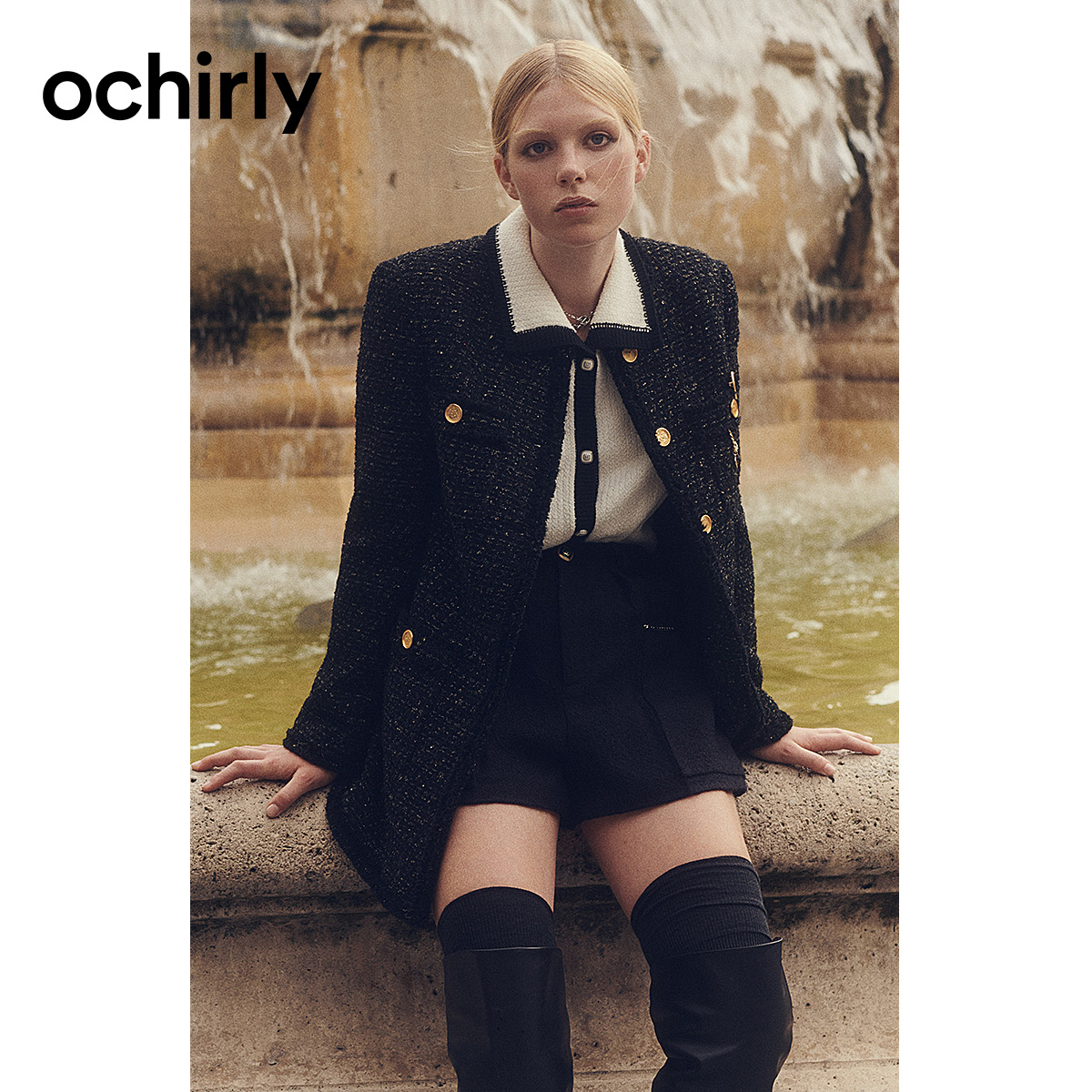 ochirly欧时力 【高奢小香】嵌金丝中长外套新款秋胸针廓形感千金玛