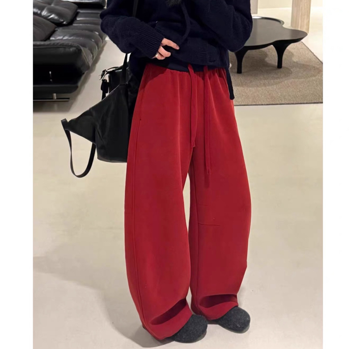 加绒加厚网红大爆款红色窄版直筒裤