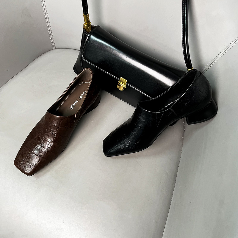 头层羊皮A-1917跟高3cm软面皮深口方头低跟女士单鞋真皮百搭女鞋