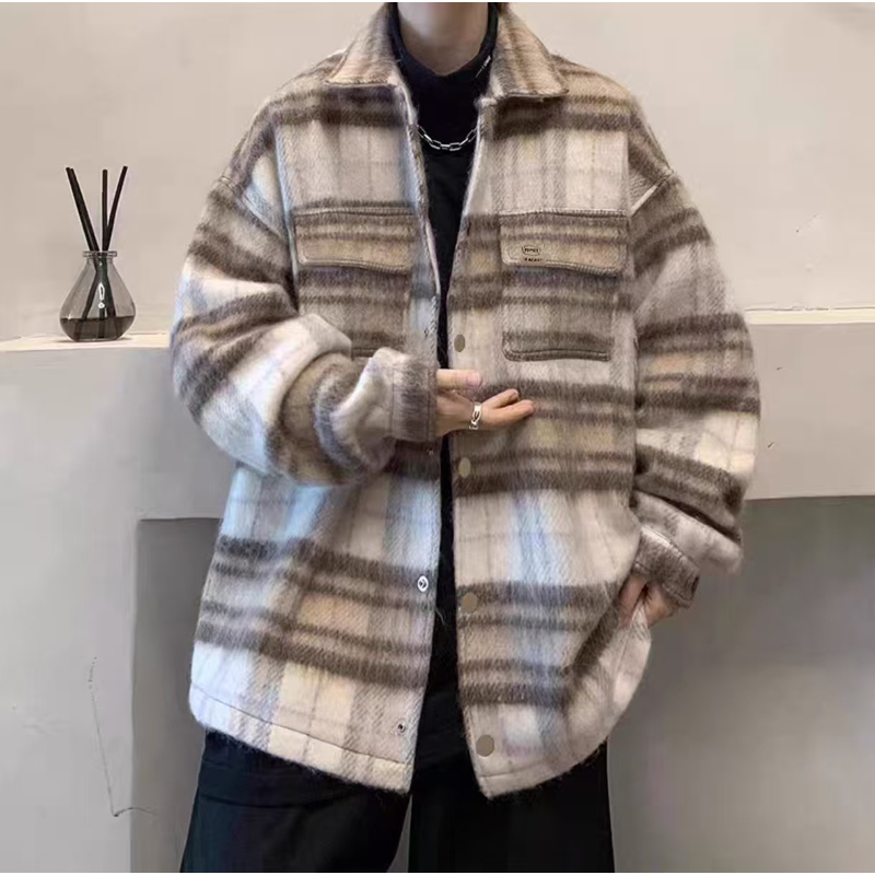 LILI001 棉衣男J236男士休闲潮流港风毛呢格子韩版情侣