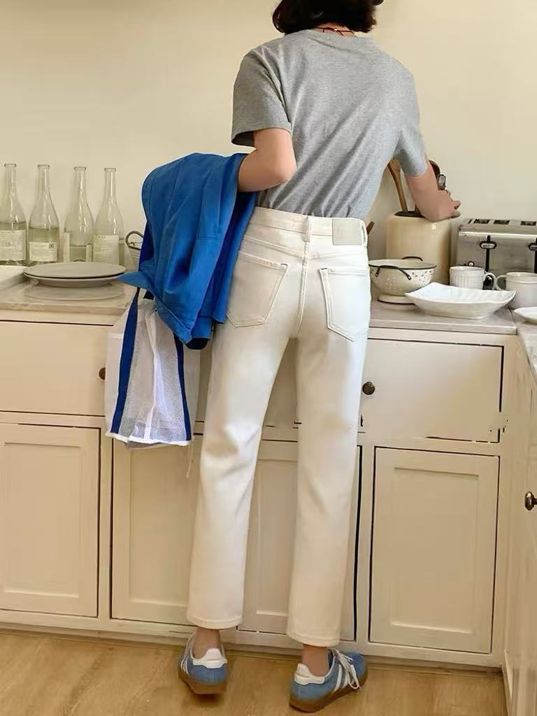 SU【863-1】代98 愫伟  牛仔裤女秋冬加绒保暖显瘦杏色九分法棍裤