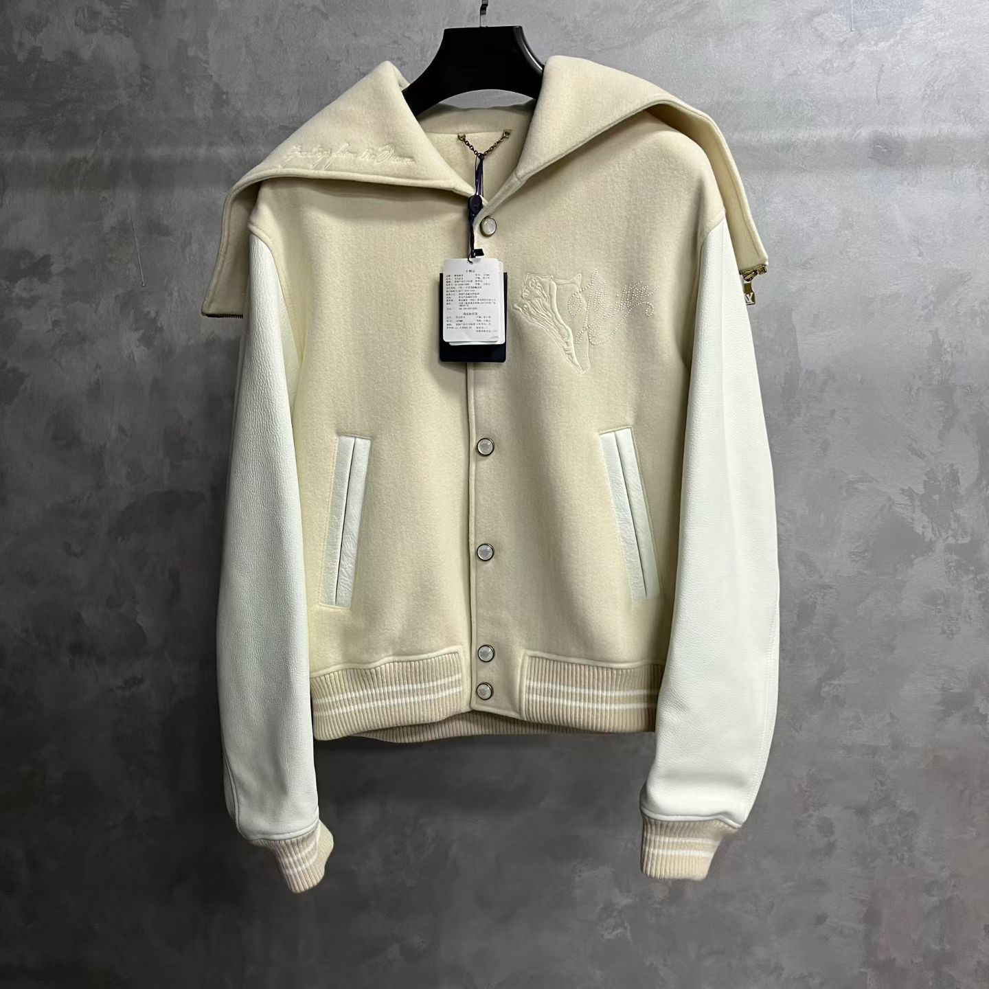 louis vuitton 24米色拼接连帽单排扣长袖夹克外套/52