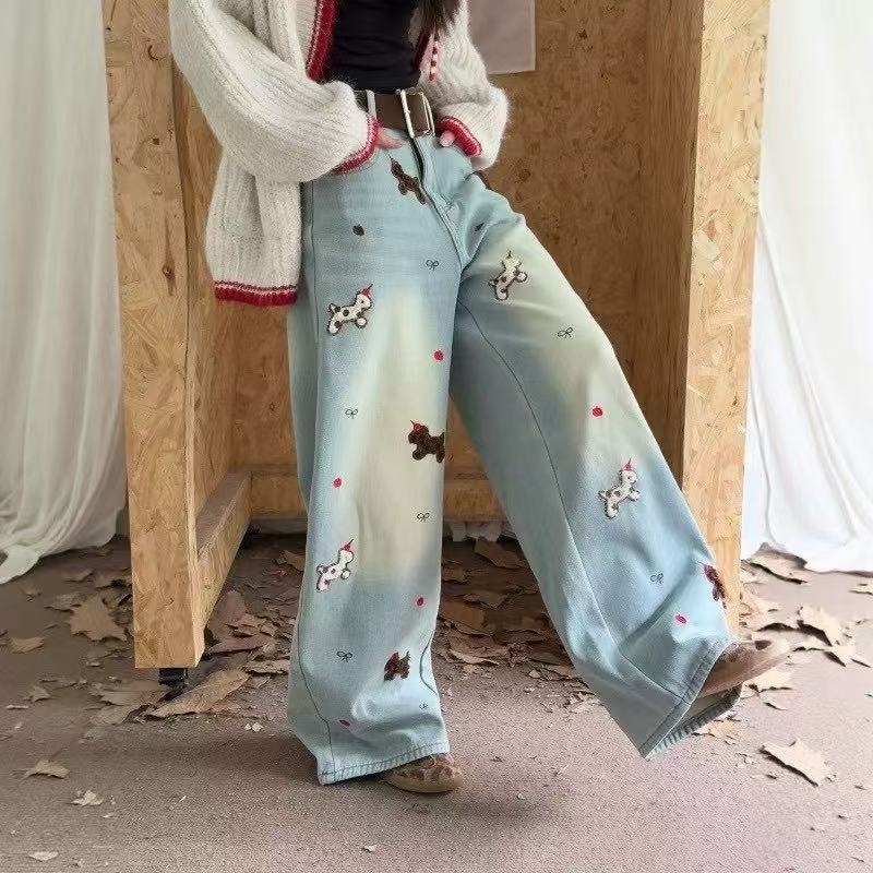 微胖大码女装冬季加绒小狗阔腿牛仔裤女高腰宽松显瘦直筒拖地裤