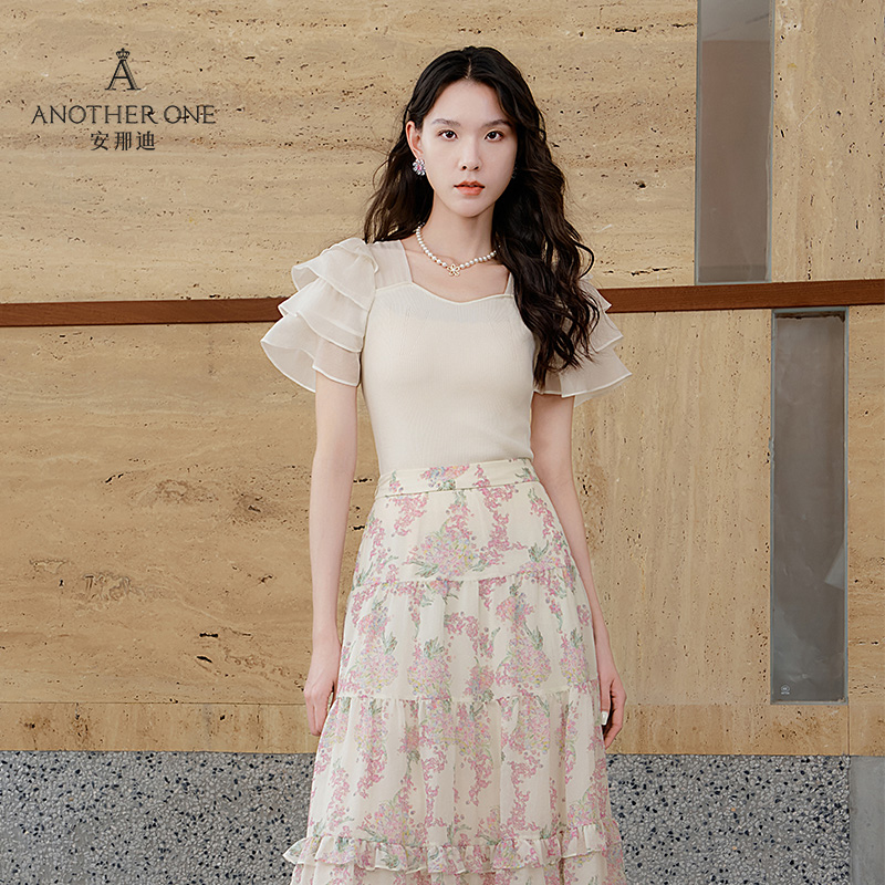 ANOTHER ONE安那迪减龄针织衫女2024夏季新款荷叶袖修身上衣