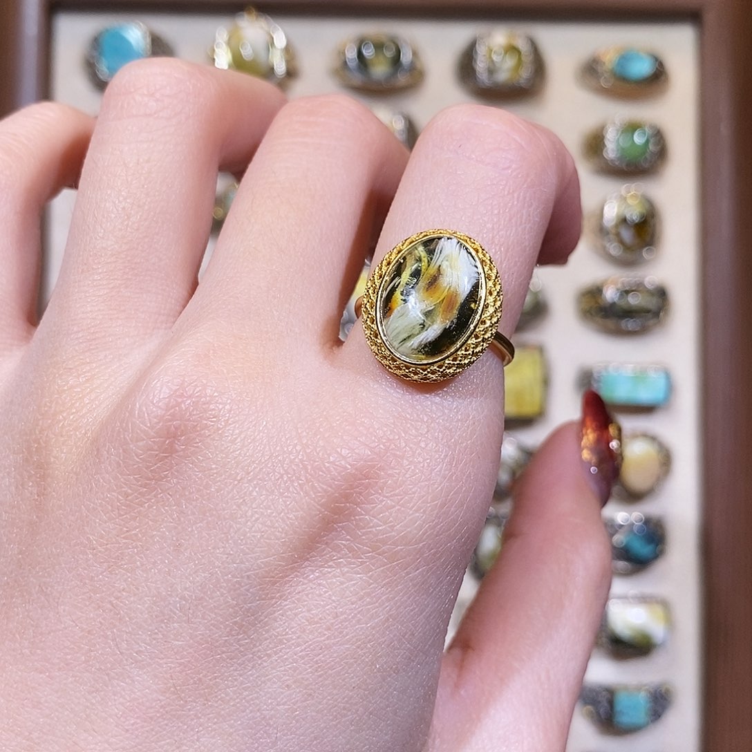 琥珀戒指银S925镀金镶嵌戒指