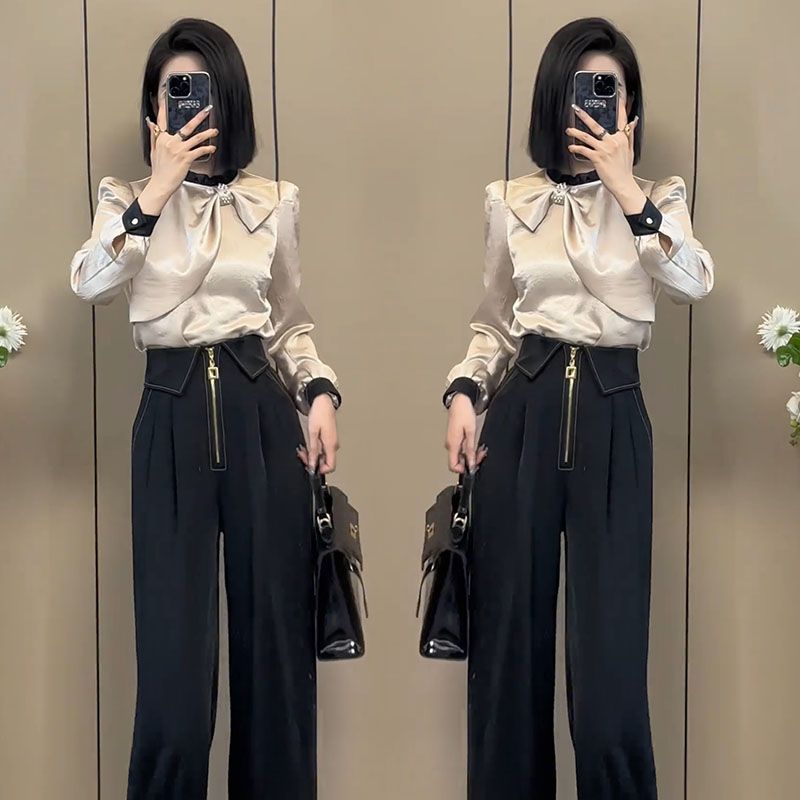 山力达迪感气质套装女春季法式时尚百搭名媛洋气蝴蝶结衬衫休闲裤